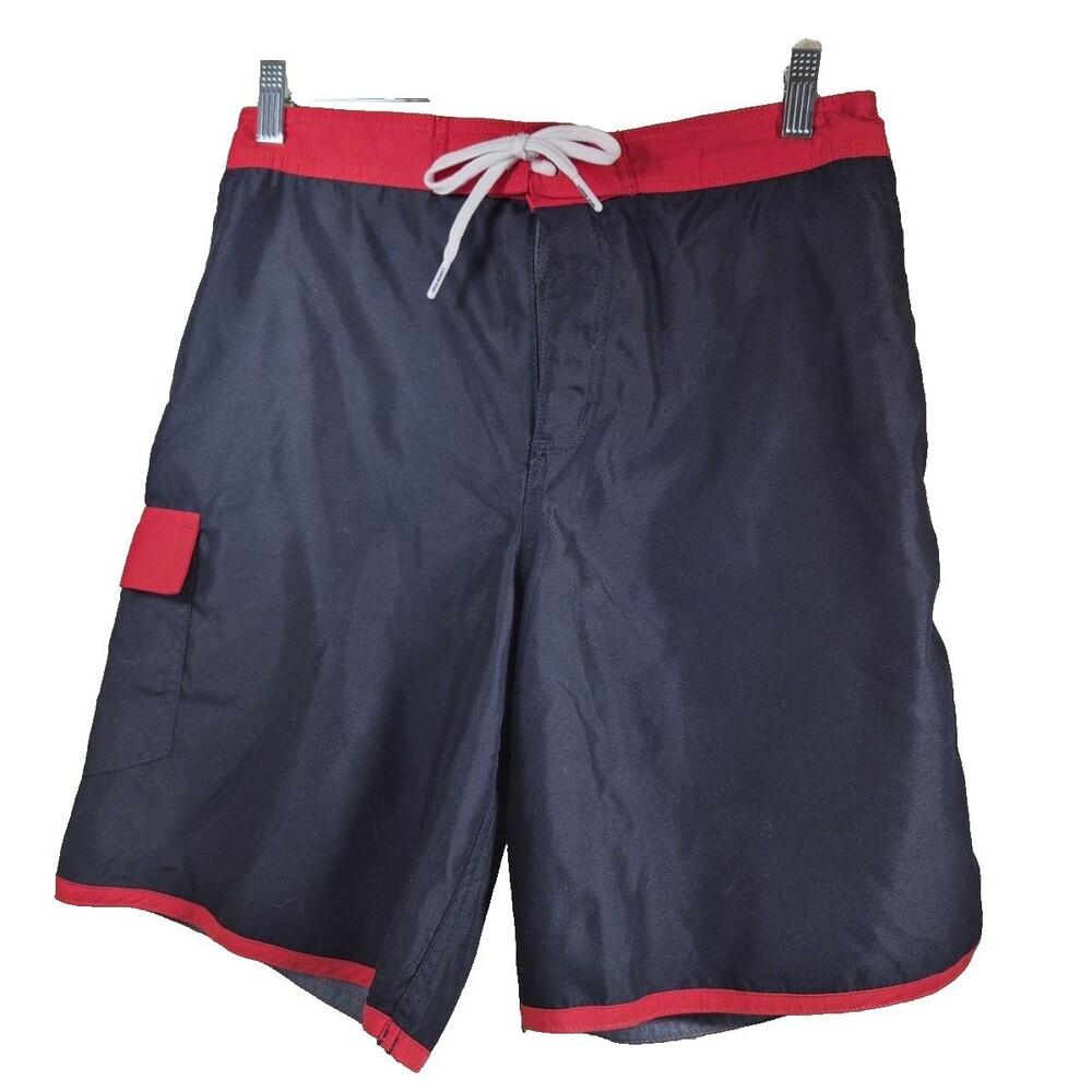 Lands' End Men's Swim Shorts XL Navy Blue Red Colorblock Mesh Lining Graphic